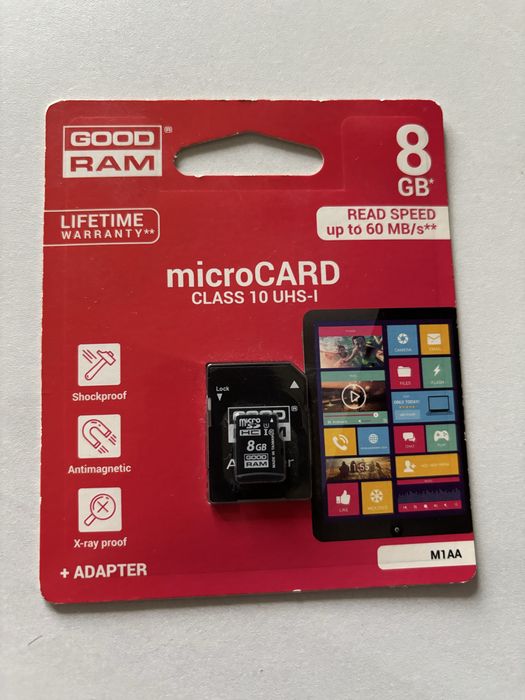 GOODRAM 8GB microSDHC zapis 10MB/s odczyt 60MB/s + adapter NOWA