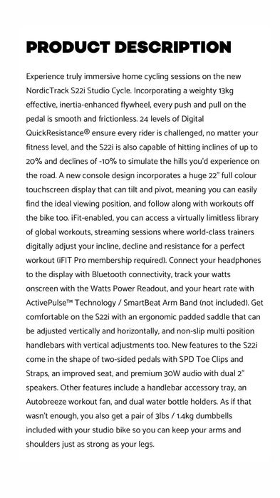 Bycicle NORDIC TRACK Indoor Commercial S27i Studio Cycle