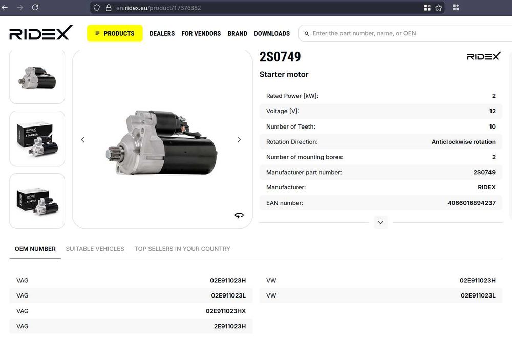 Motor de arranque Ridex 2S0749 para motores TDI VAG VW SEAT SKODA AUDI