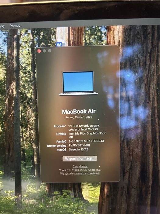 MacBook Air 13” 2020 Retina | Intel i3 | 8 GB RAM | Bardzo dobry stan