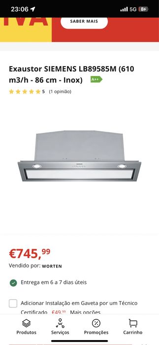 Exaustor de  Encastrar Siemens iQ700 LB89585M com 4 Velocidades e de 86 cm - Inox ( novo)