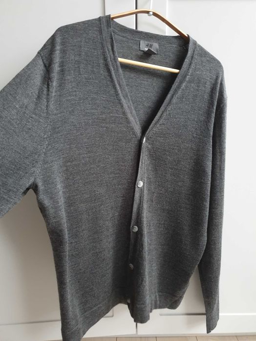 Szary wełnianiany sweter męski kardigan L 100% wełna merino H&M