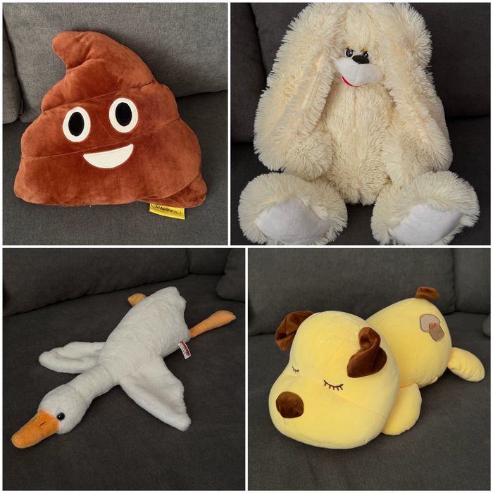 Мягкая игрушка: какашка, заяц, гусь, желтая собака