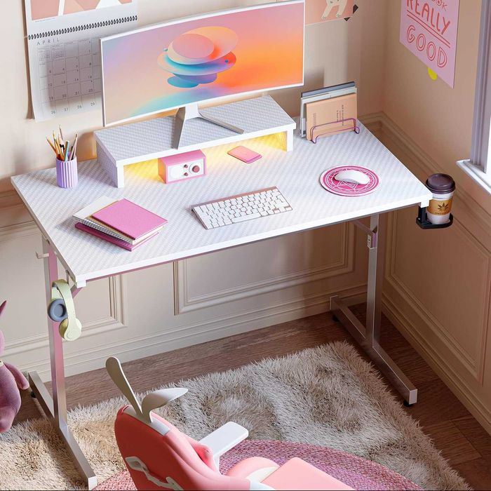 Mesa de gaming secretária branca 106,6x50cm suporte monitor acessórios