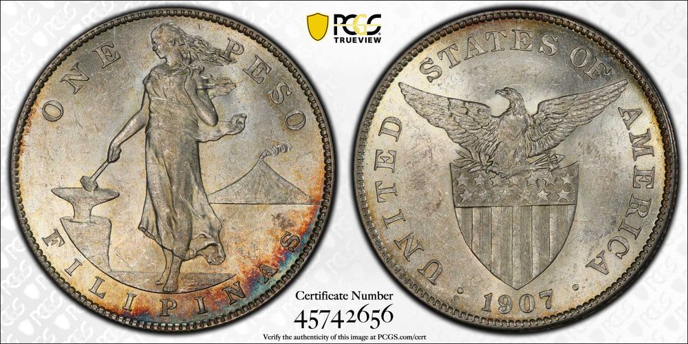 Moeda Prata 1907 Filipinas / USA Peso PCGS MS61