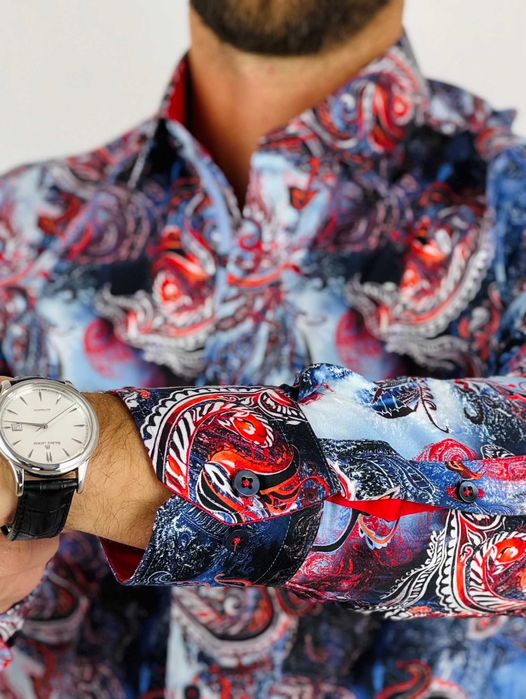 DANIEL BESSI Koszula męska fb103 kwiaty jeans czerwony niebieski