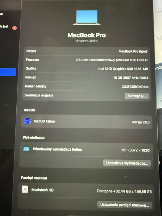 Macbook pro i7 16gb ram 512 gb 16 cali 2019