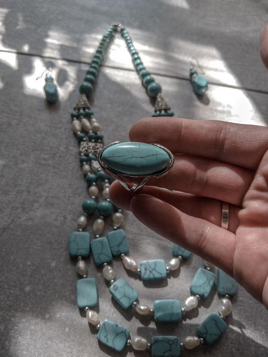 Винтажный набор, ожерелье серьги кольцо цвет бирюза