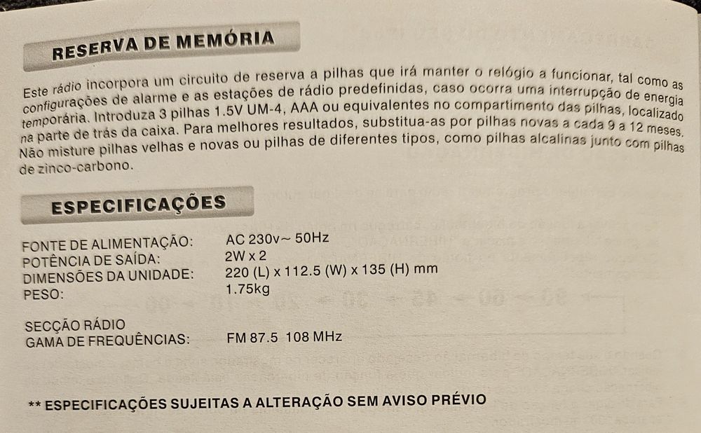 Rádio com IPOD docking station e despertador