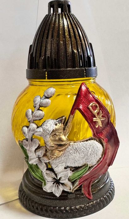 Znicz szklany Wielkanoc aplikacja Baranek ok 20cm