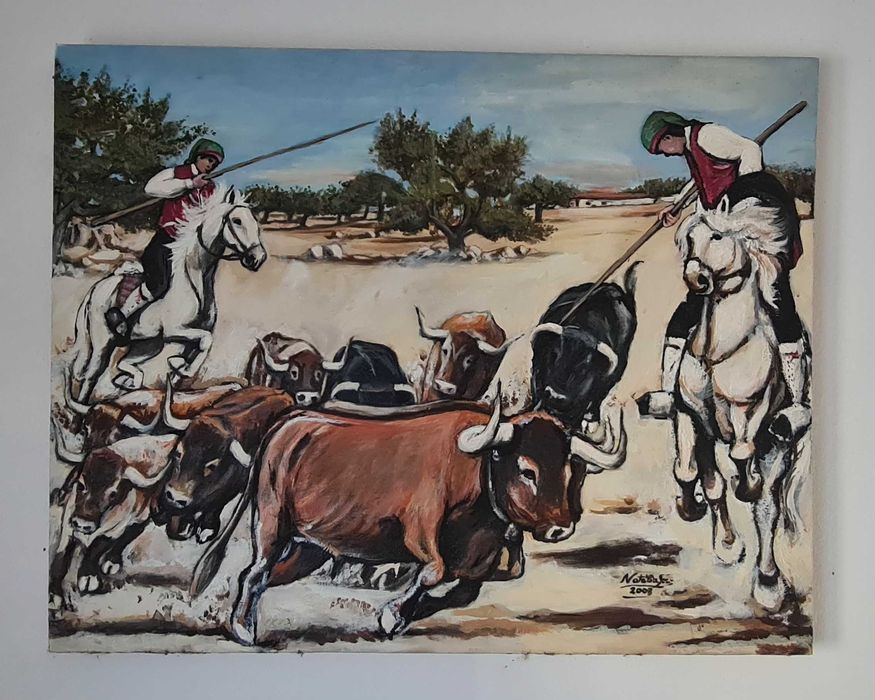 Quadro a óleo sobre tela – Campinos e Gado – Ribatejo – Original