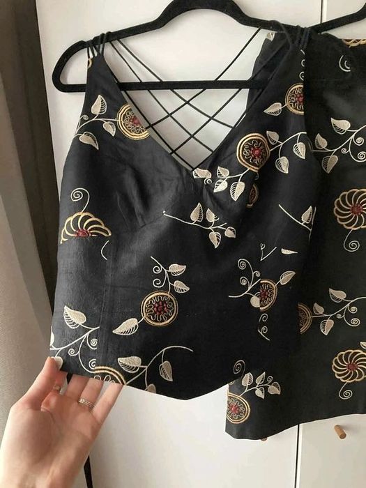 Jedwabny komplet Molton r. 40 L Top + Spódnica midi hafty Vintage