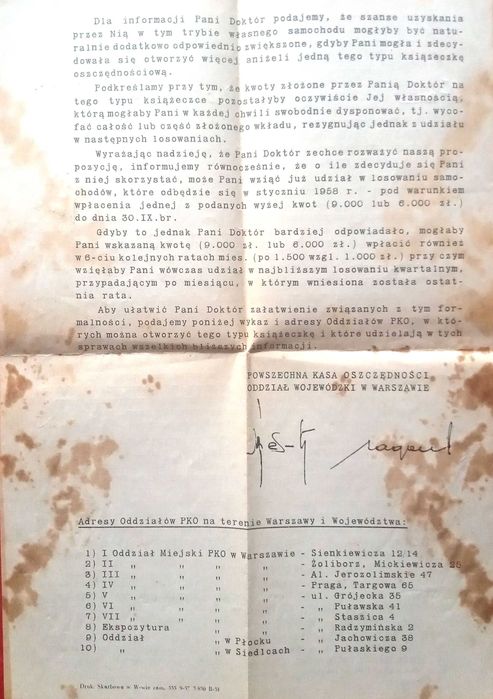 Oryginalny Podpis PKO Oddział woj. w Warszawie (1957) (472)