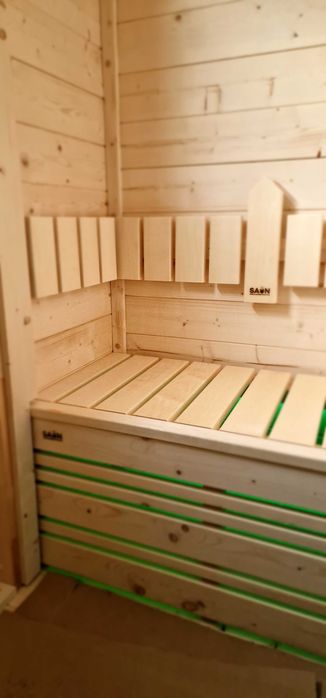 sauna ogrodowa piec harvia , opalany od wewnątrz, sauna + przedsionek