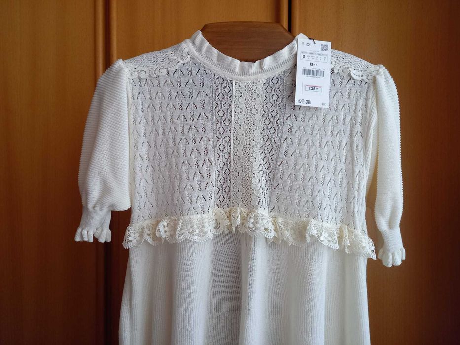 (NOVO C/ ETIQUETA, PORTES GRÁTIS) ZARA: Vestido Malha Pointelle Renda
