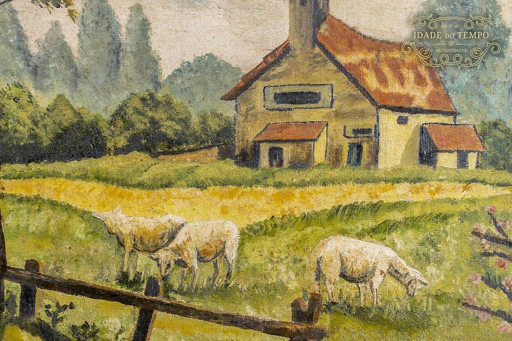 Antiga pintura a óleo de paisagem campestre