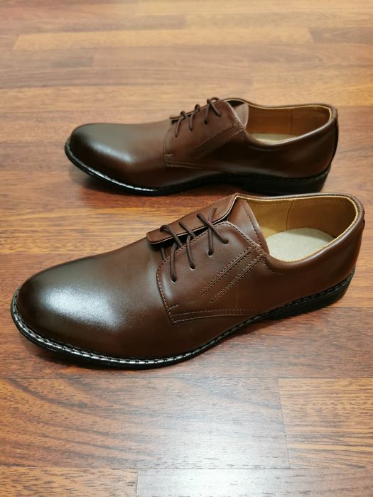 Eleganckie Tęgie Skórzane Wizytowe Półbuty Meskie  DW Brąz