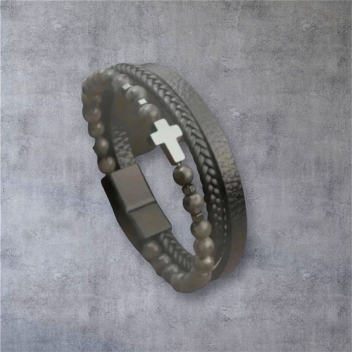 Stylowa elegancka bransoletka męska skórzana krzyż  korale casual