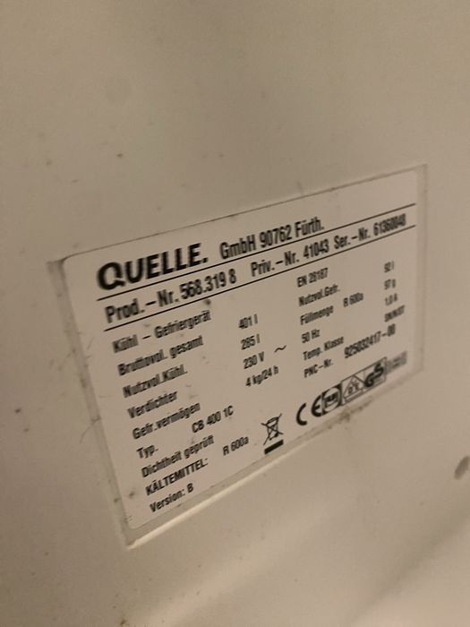 Холодильник QUELLE. GmbH 90762 Fürth.