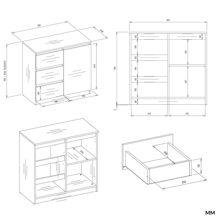 KOMODA Malwa 1D3S Szafka 1 Drzwi 3 Szuflady do Salonu Kaszmir Beż