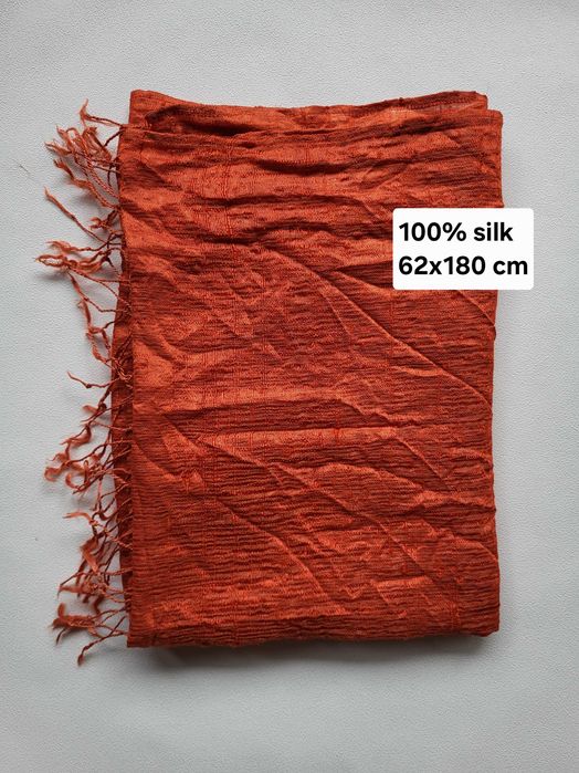 Jedwabny szalik szal pomarańczowy jesienny 100% silk frędzle cienki