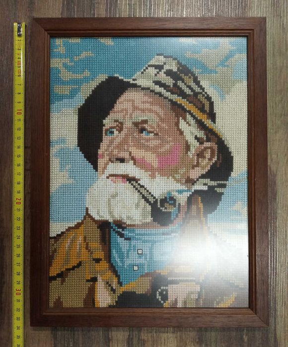 Quadro Vintage Ponto de Cruz Velho Marinheiro com Cachimbo – Holanda Anos 80