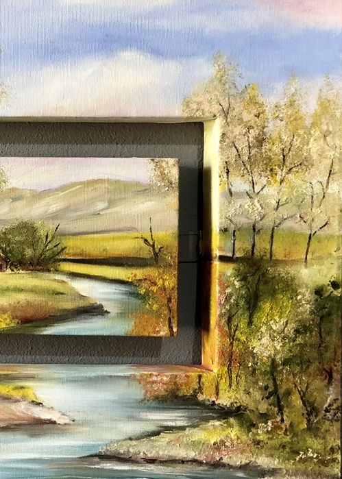 Quadro Tela Yvone Original Assinado Motivo “Paisagem Riacho e Casa”