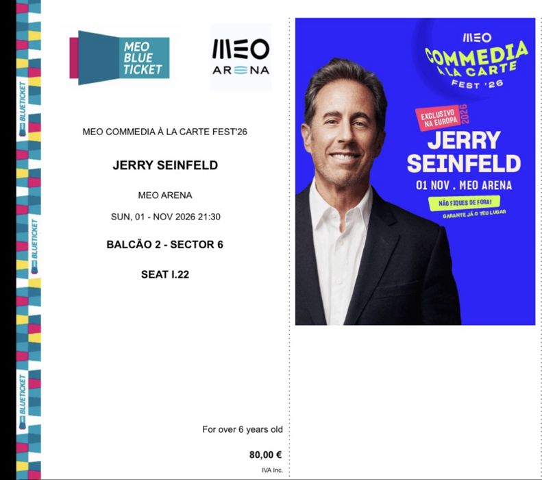 Dois bilhetes - Jerry Seinfeld at Meo Arena