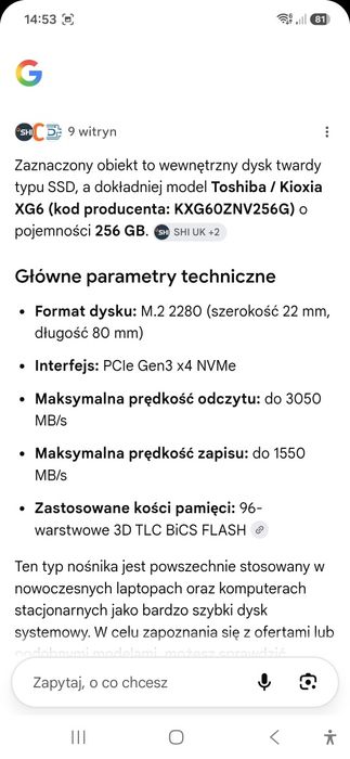 Dysk SSD M2 Nvme 256GB Toshiba