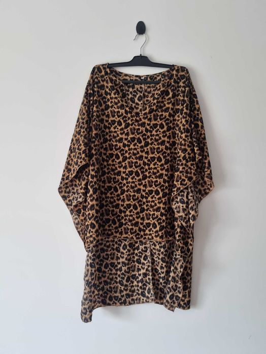 Damska długa bluzka tunika w panterkę elegancka rękawy nietoperze