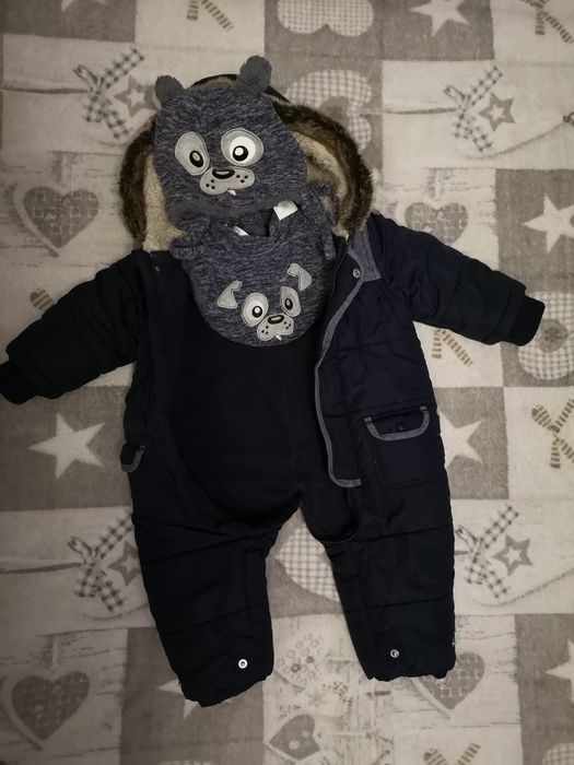 Smyk, jak nowy Komplet zimowy, kombinezon, czapka, komin, 74-80