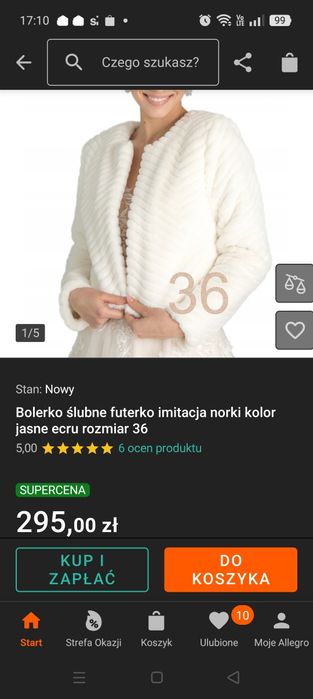 Bolerko ślubne futerko 38 ecru