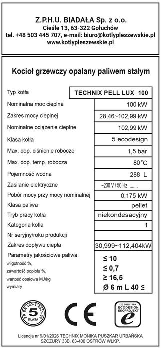 Kocioł Piec Pellet 100kW Z Podajnikiem Technix Pell Lux