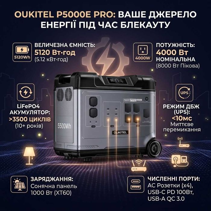 OUKITEL P5000E Pro 4000W/8000W 5120Wh LiFePO4 — зарядна станція 5 кВт·год