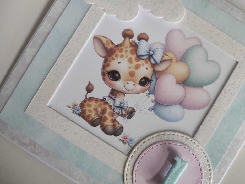 Kartka urodzinowa ręcznie robiona roczek, urodziny żyrafa