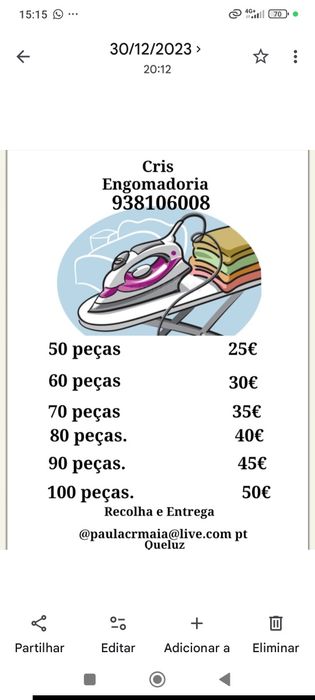 Serviços de engomadoria