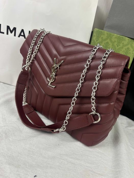 Torba listonoszka duza prazkowana damska Saint Laurent Czarna YSL lancuszek bordo