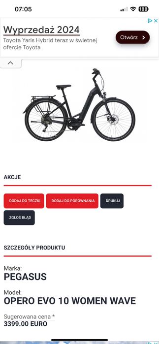 Rower elektryczny  Pegasus Opero Evo 10 , hydraulika , naped Shimano.