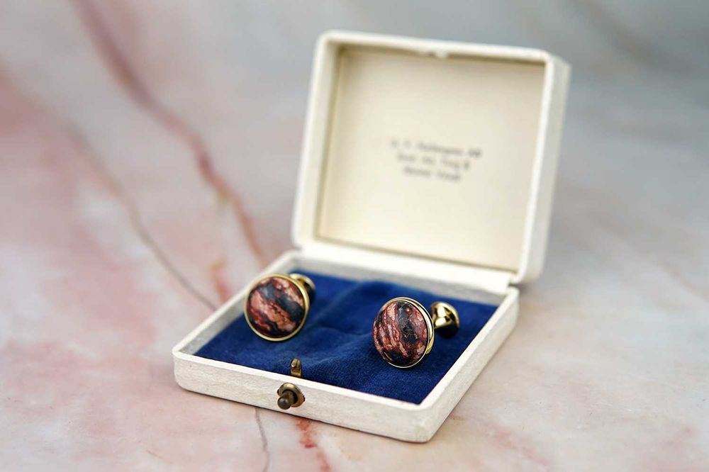 NOWE złote spinki koszulowe do mankietów jaspis kamień czerwone boho