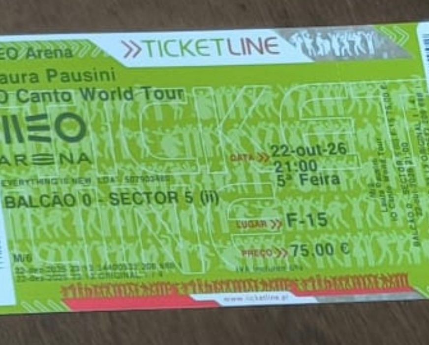 3 bilhetes para o concerto da Laura Pausini no Meo Arena (lugares juntos) - 22 de Outubro de 2026 - 65€/un