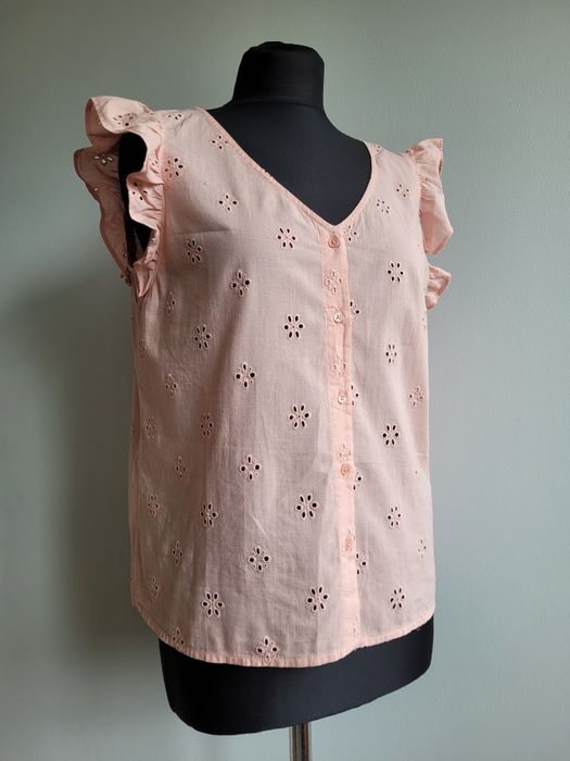 Elegancka zapinana bluzka bluzeczka biurowa do pracy ażurkowa falbanki