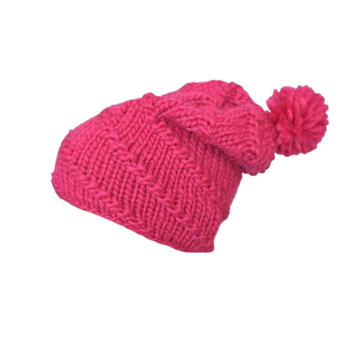 Wełniana czapka fuksja typu beanie -z pomponem ręcznie robiona