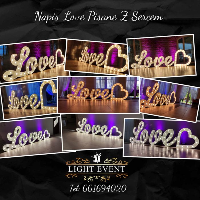 Napis miłość pisana, love, ciężki dym, fontanny iskier, fotobudka