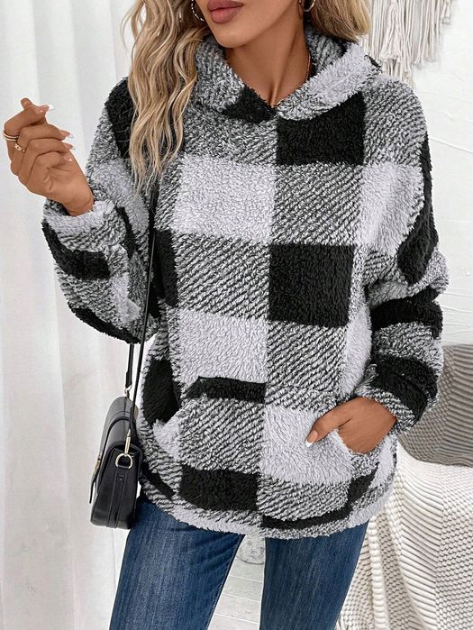 Bluza Teddy Bear Pullover W Kratkę Kangurek Szara Casual Shein Xl 42