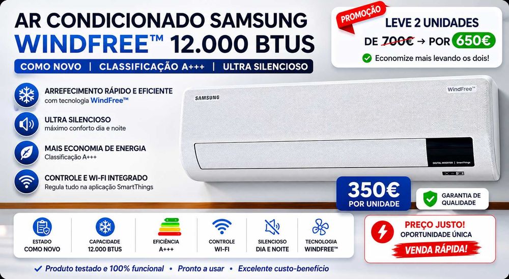 Ar Condicionado Samsung WindFree 12.000 BTUs, como novo, silencioso, A+++, com Wi-Fi - já está desinstalado - opção de adquirir dois em simultâneo