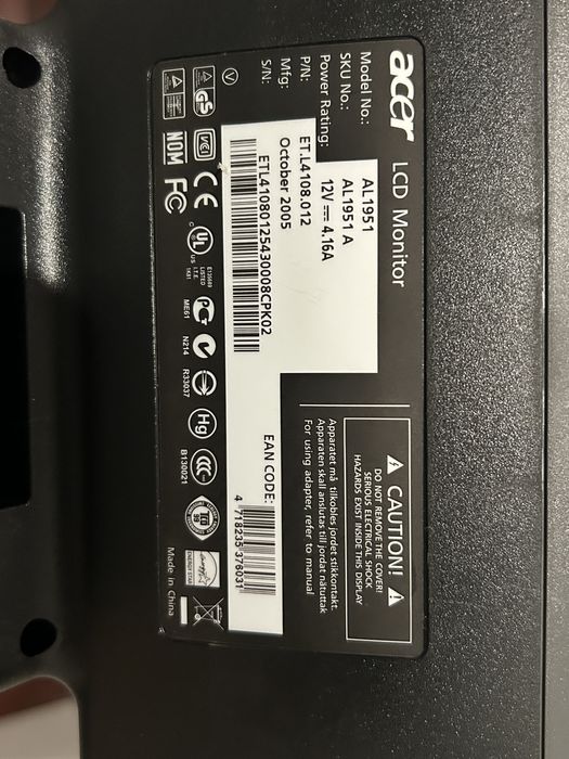 Monitor Acer AL1951 de 19”, com resolução SXGA 1280×1024 e entradas VGA/DVI, sem cabos