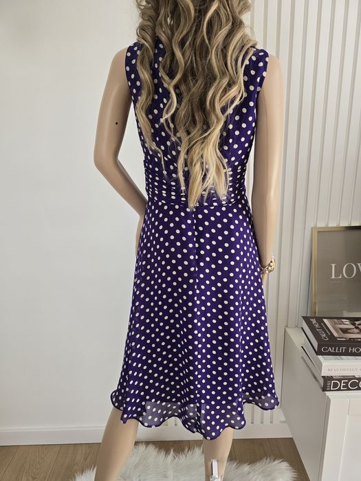 Sukienka midi grochy retro 40 L wiskoza acetat marszczona klamra