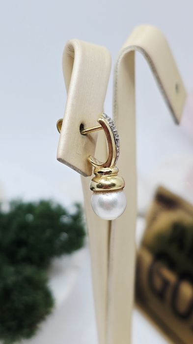 Złote kolczyki wtykane próba 585 14k z Perłą I diamentami  certyfikat