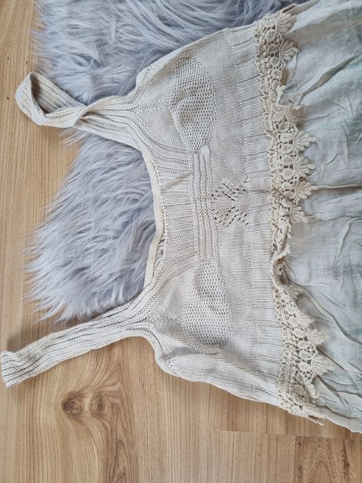 Beżowo-zielona sukienka boho z dzianinową górą – Rozmiar S/M