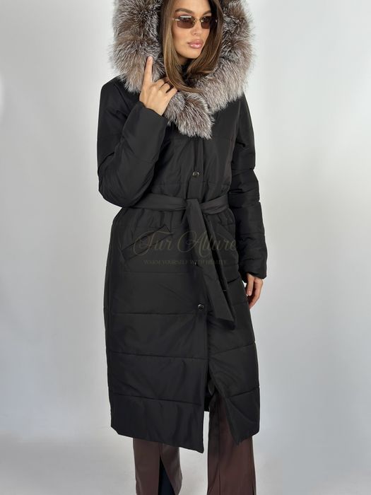 Жіночий зимовий чорний пуховик плащ з  хутром блюфрост. 42-54 рр